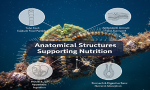 An underwater image of a brittle star on coral, overlaid with a diagram showing four circular insets that label and illustrate its key feeding anatomy: Tube Feet, Ambulacral Groove, Mouth & Jaw Apparatus, and Stomach & Digestive Sacs.