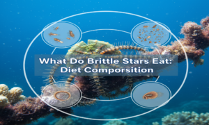 An underwater image of a brittle star on coral, overlaid with a diagram showing four circular insets that illustrate its diet: small crustaceans (like copepods), detritus particles, larval forms, and other tiny invertebrates. The central text reads "What Do Brittle Stars Eat: Diet Composition."