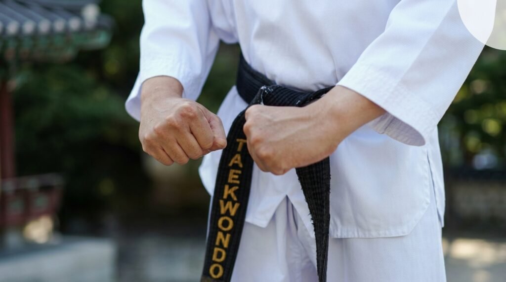 Taekwondo practitioner wearing a black belt demonstrating a high kick during training