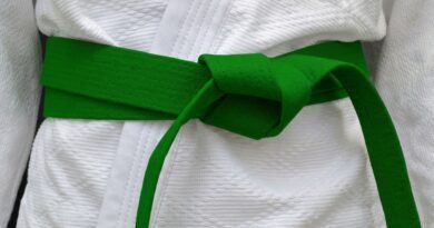 Taekwondo student wearing a green belt practicing a kick during training