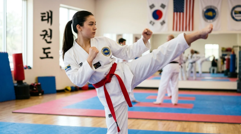 The Taekwondo Red Belt: Why This Rank Separates the Dedicated from the Determined Taekwondo practitioner wearing a red belt performing a high side kick during training