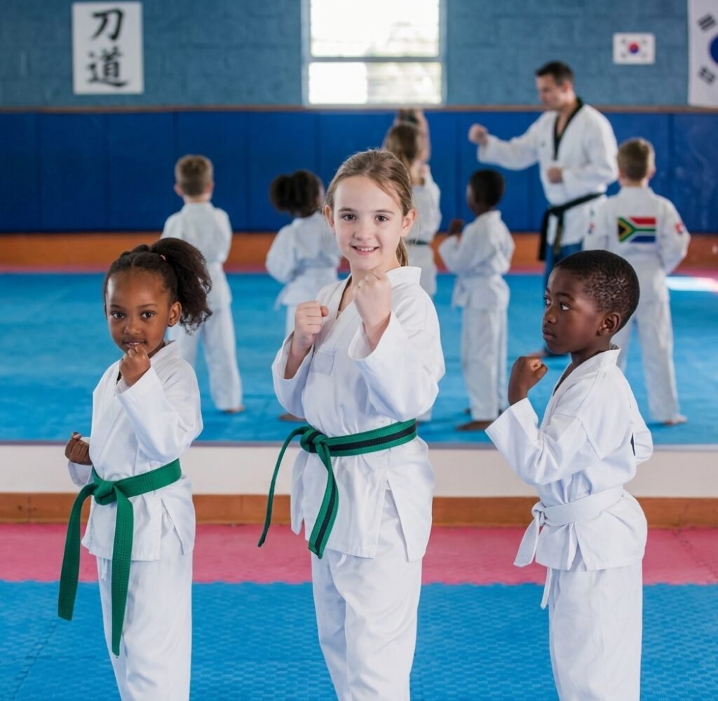 Taekwondo student demonstrating the green belt form Taegeuk Sam Jang stance and technique