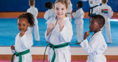 Taekwondo student demonstrating the green belt form Taegeuk Sam Jang stance and technique