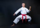 Taekwondo student demonstrating the Red Belt Form Taegeuk Chil Jang tiger stance and technique