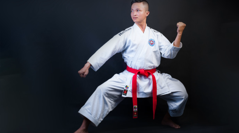 Taekwondo student demonstrating the Red Belt Form Taegeuk Chil Jang tiger stance and technique